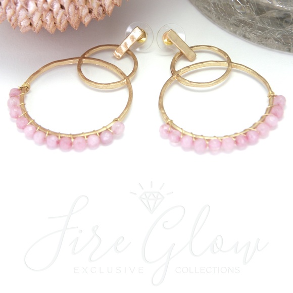 Rose Quartz Bead Gold Tone Tiered Hoop Earrings - Picture 10 of 10